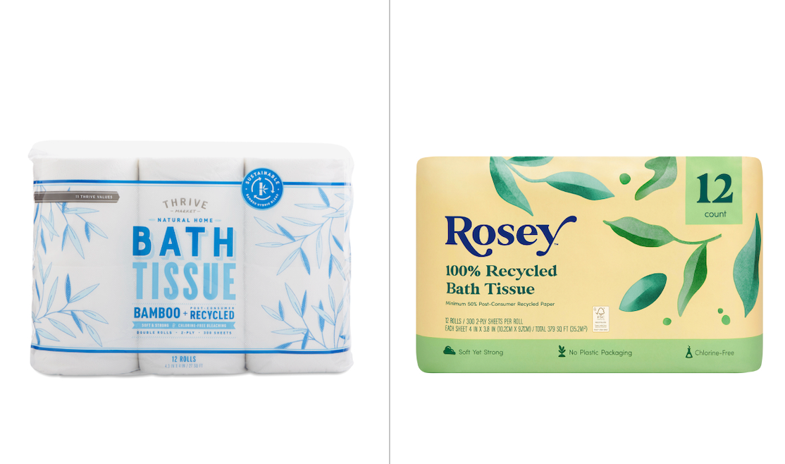 Before-and-after photos of Thrive Market toilet paper, which went from being wrapped in plastic to being wrapped in paper