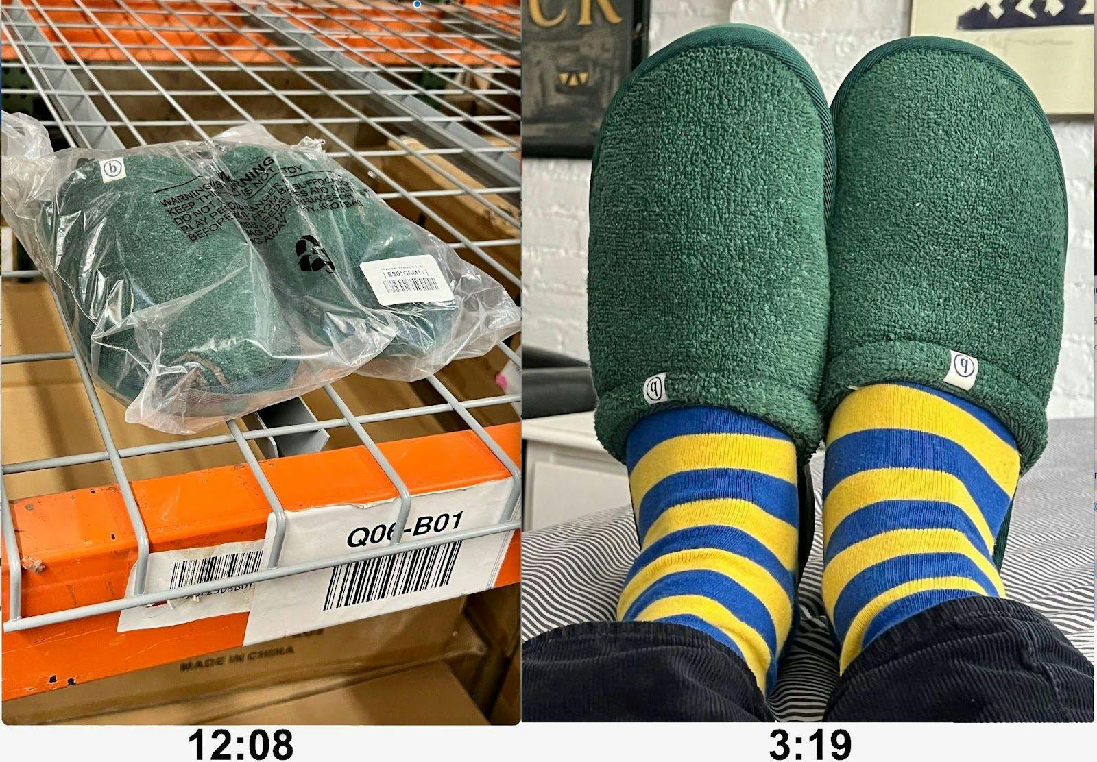 A split-screen image with a pair of slippers on a shelf wrapped in plastic at 12:08 pm and the slippers on the author's feet in his apartment at 3:19 pm. 