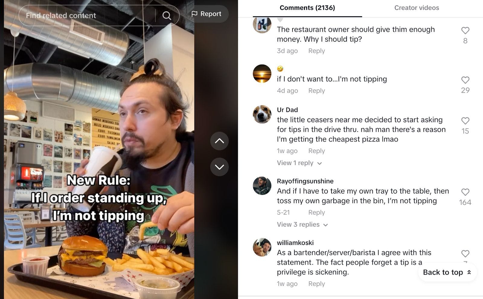 A still image from @robert_calver's TikTok where he's sipping a drink and the screen text says, “New Rule: If I order standing up, I’m not tipping.”