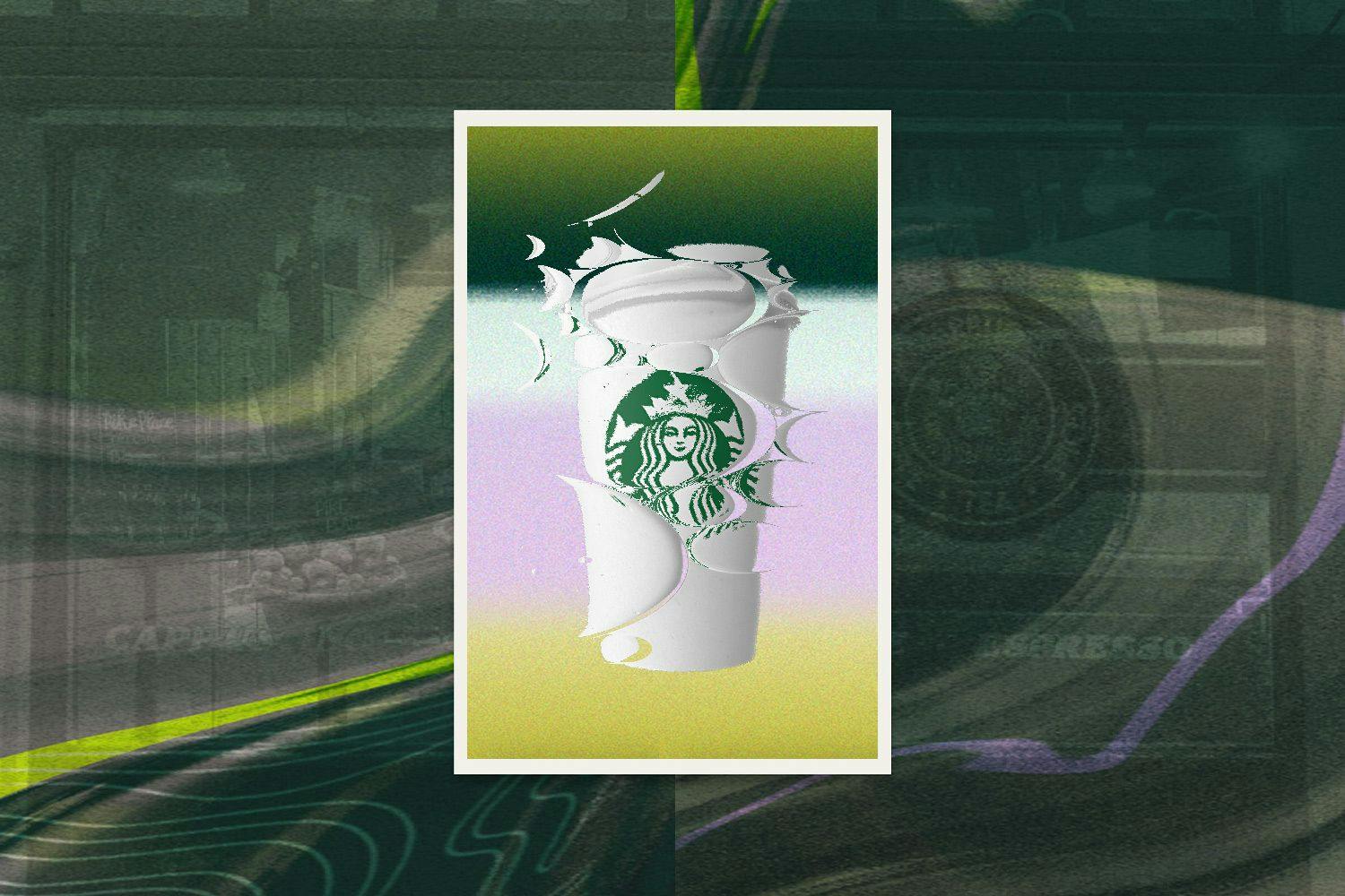 A Starbucks cup coming apart against an abstract background