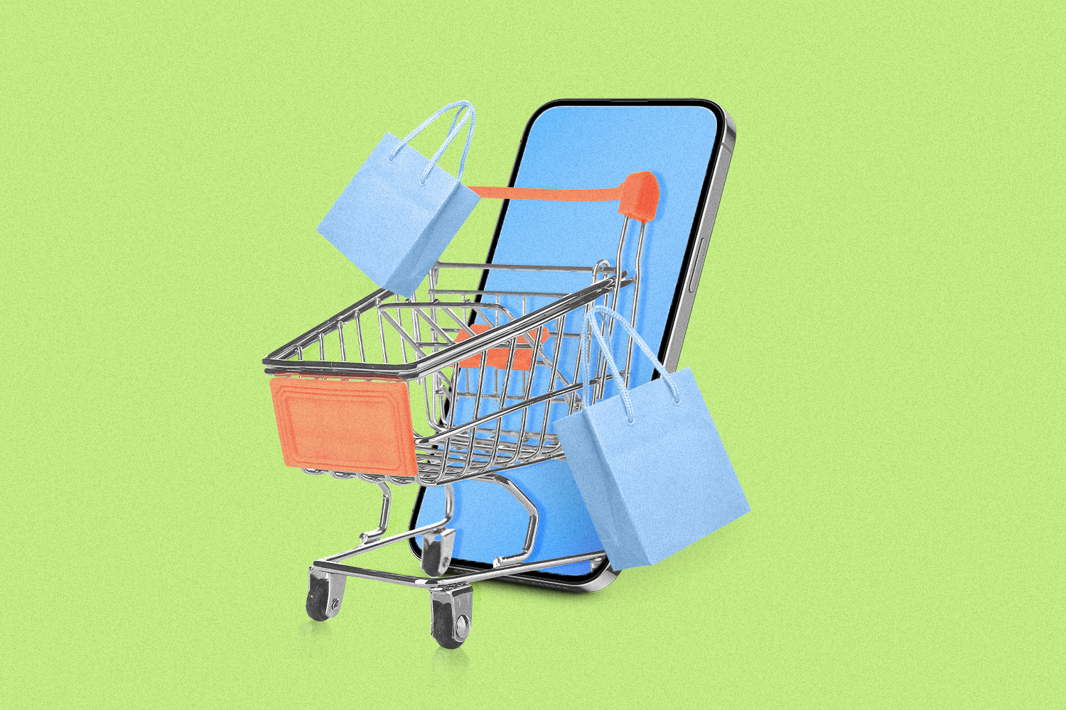 A smartphone with a shopping cart and shopping bags coming out of the screen