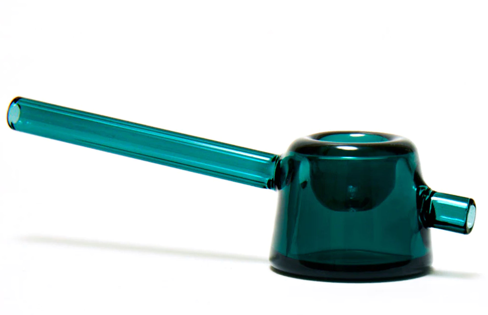 A teal-colored glass pipe made by Tetra. 