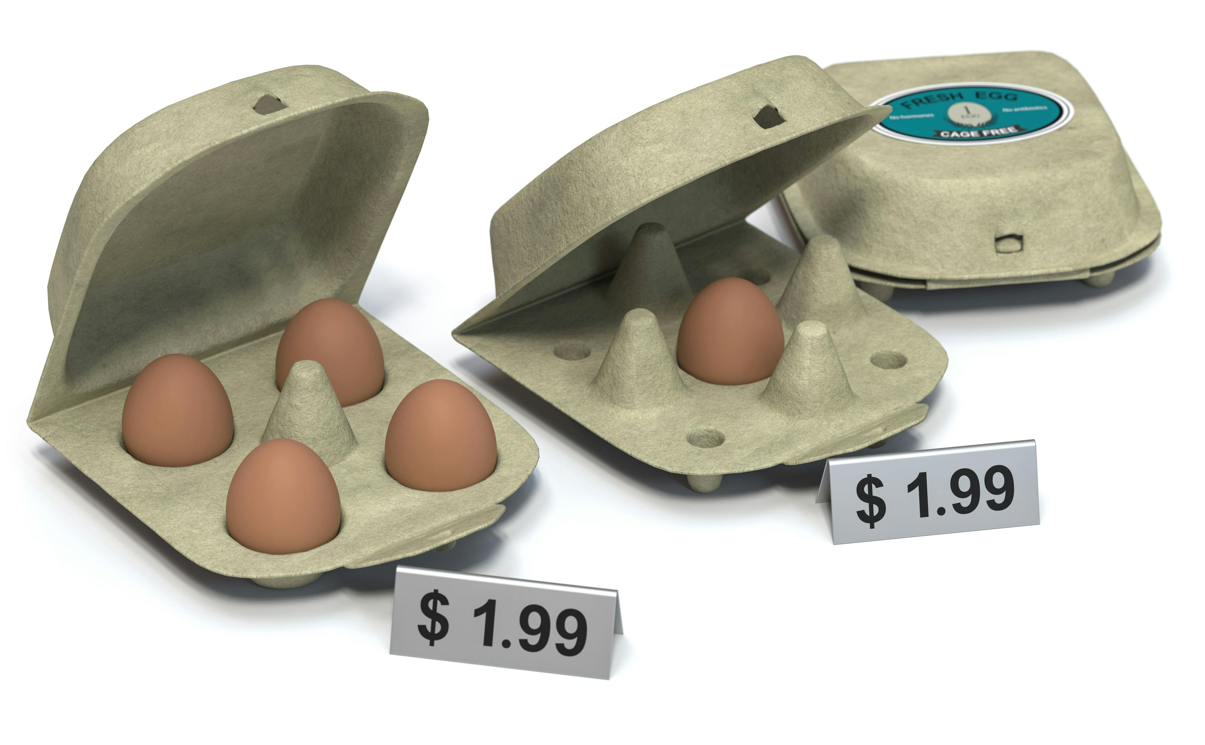 A shrinkflation photo-illustration. A carton of eggs with four eggs beside a carton with one egg, both with the price of $1.99.