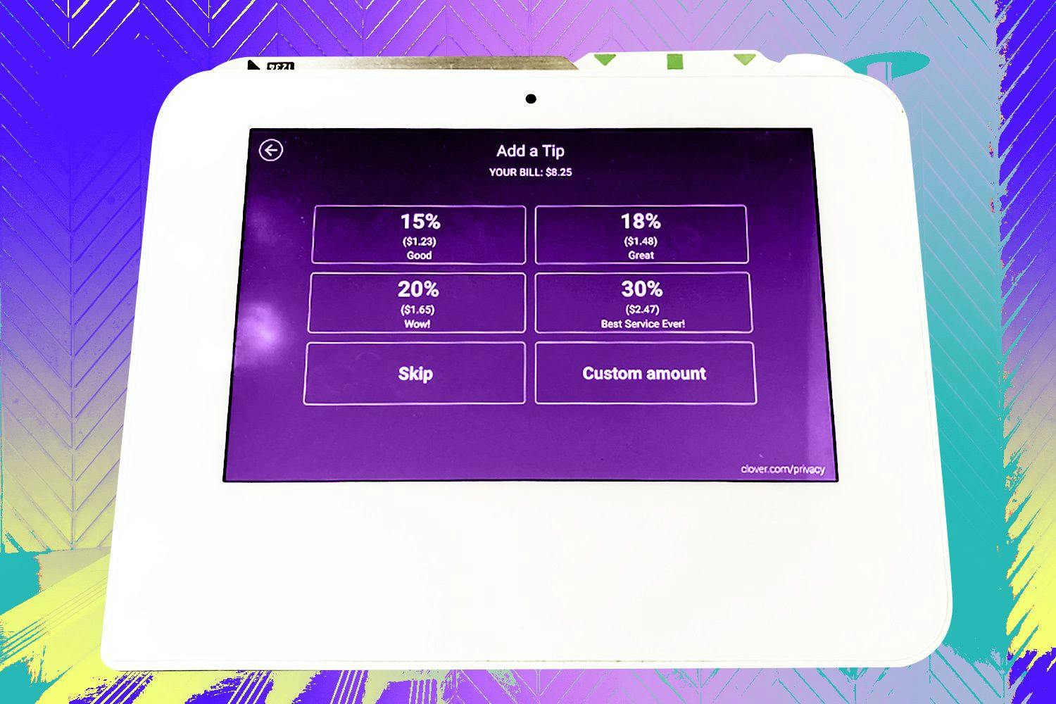 An illustration of tipping prompts on a tablet payment screen, with tips ranging from 155 to 30% and options to skip or add a custom amount. 