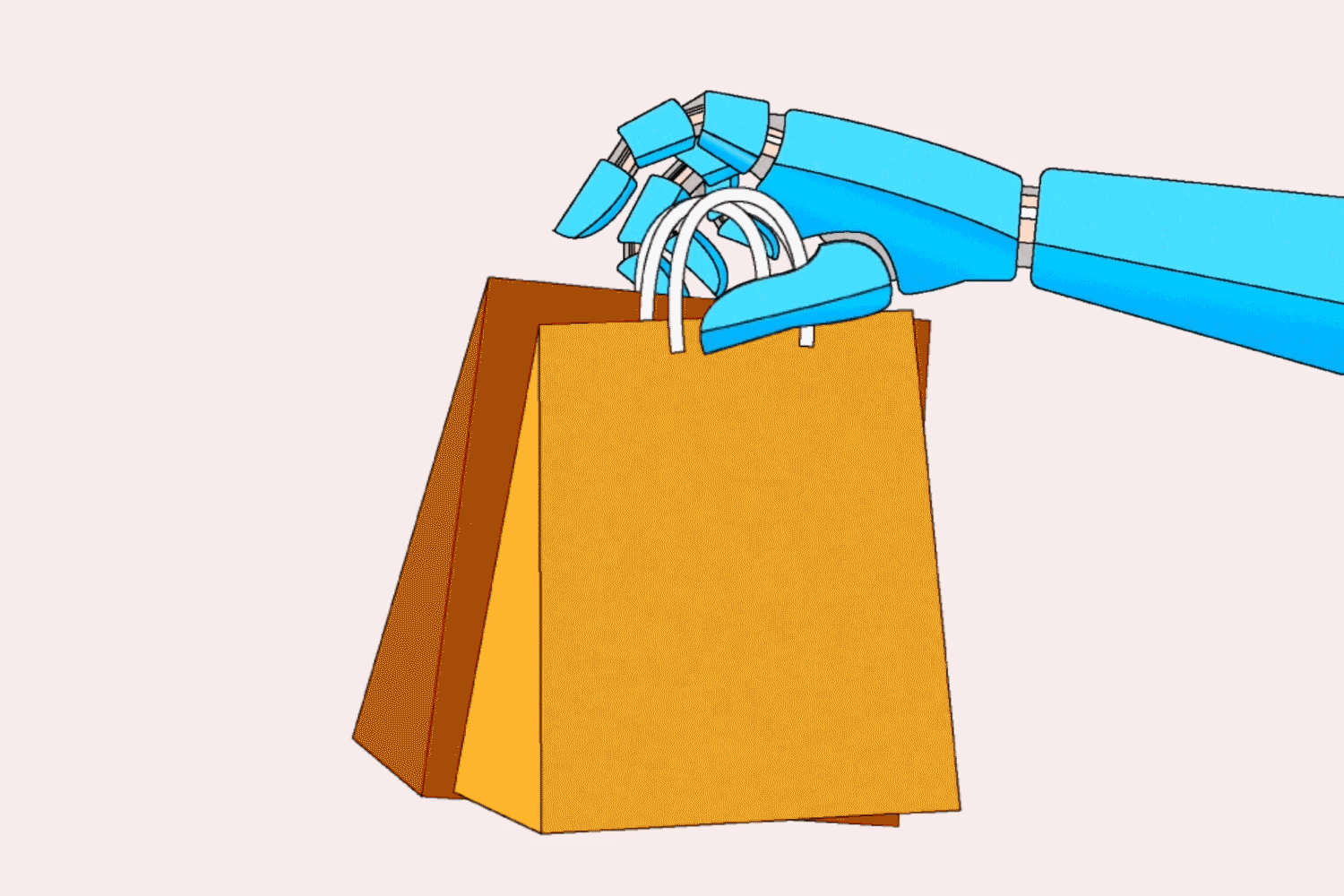 A robot arm holding out shaking retail shopping bags on a light pink background