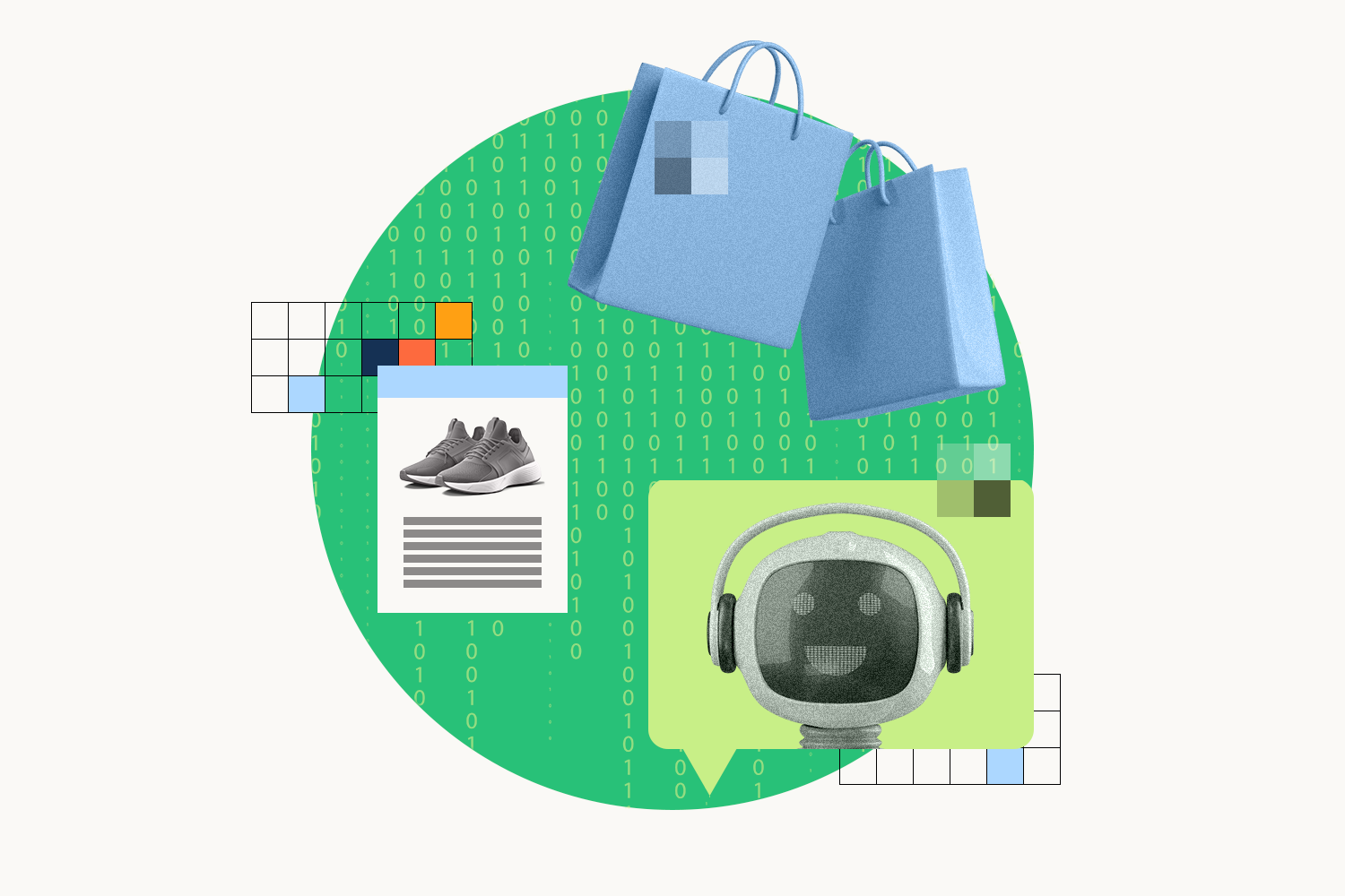 Two shopping bags next to a smiling AI robot wearing headphones and a web browser displaying shoes