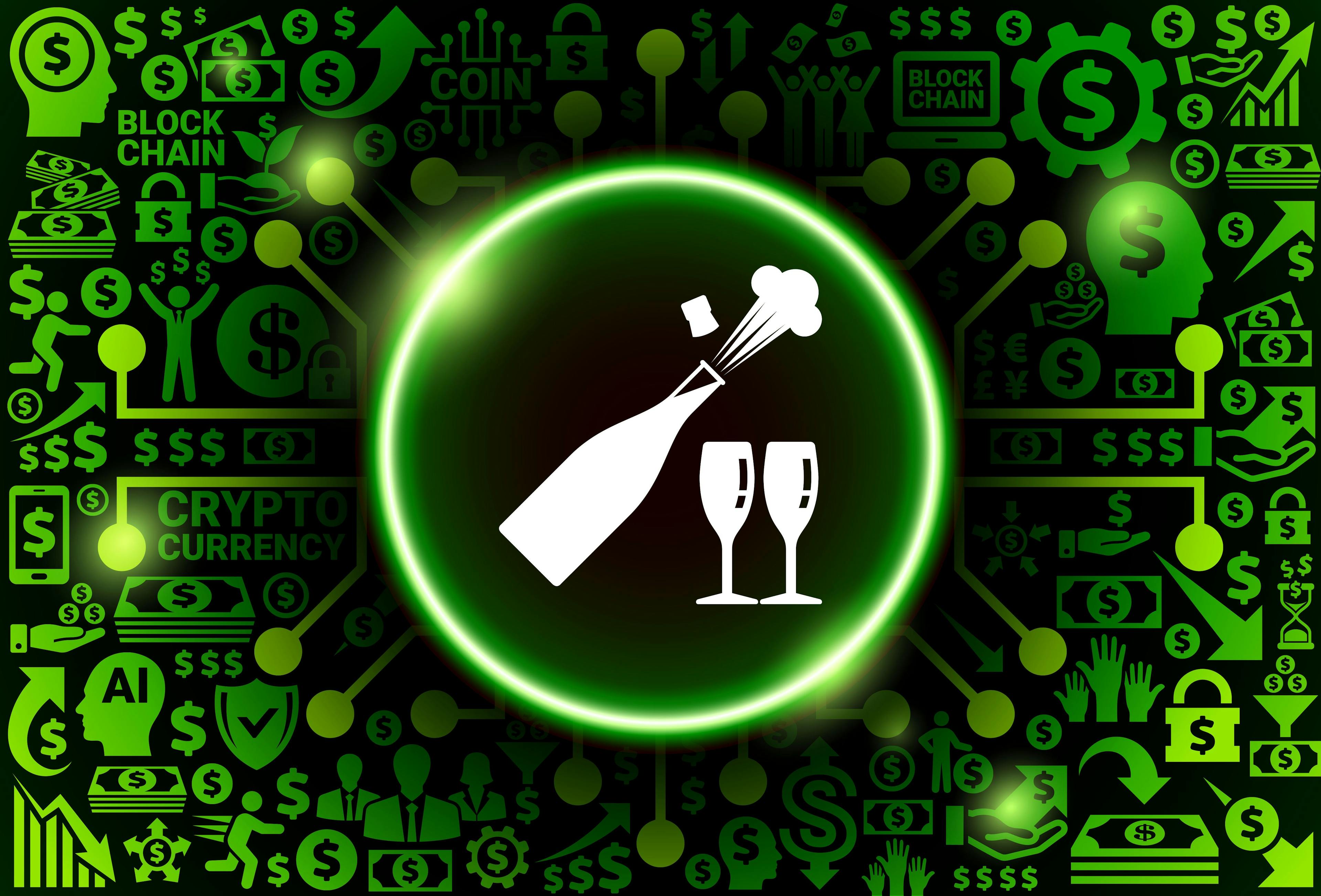 Wine bottle and two glasses surrounded by images of crypto and blockchain