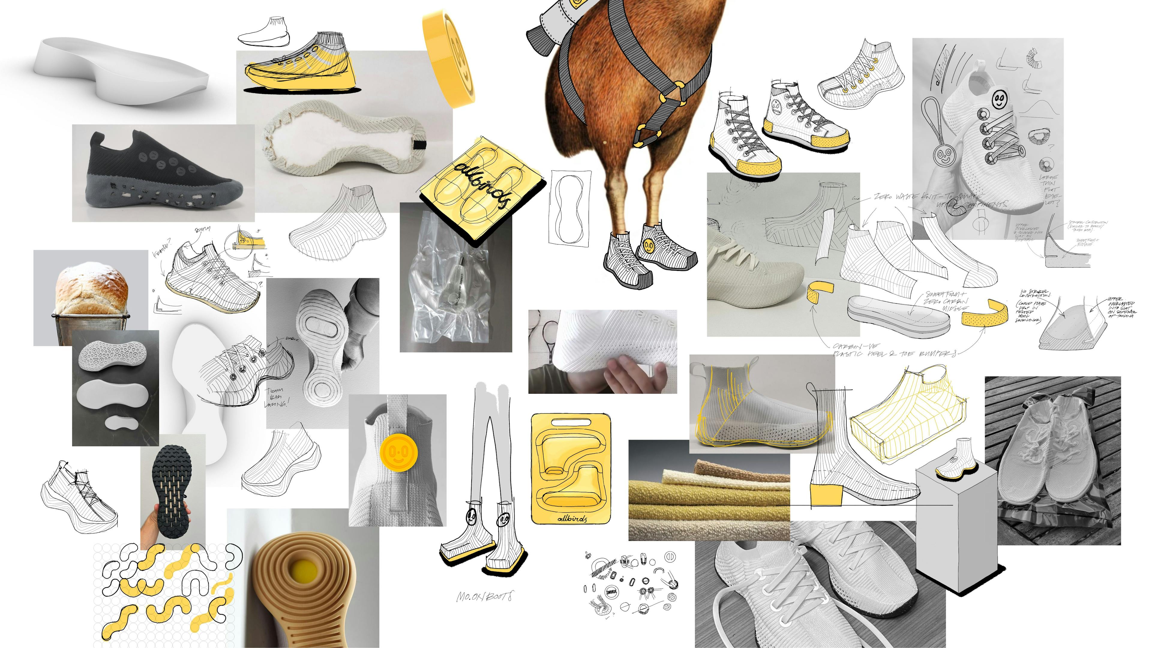 A collage of inspiration and plans for the M0.0NSHOT shoe.