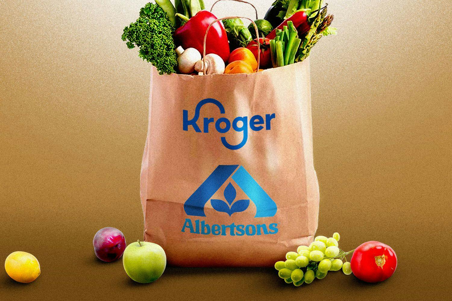 Grocery bag full of vegetables with Kroger and Albertson's logo