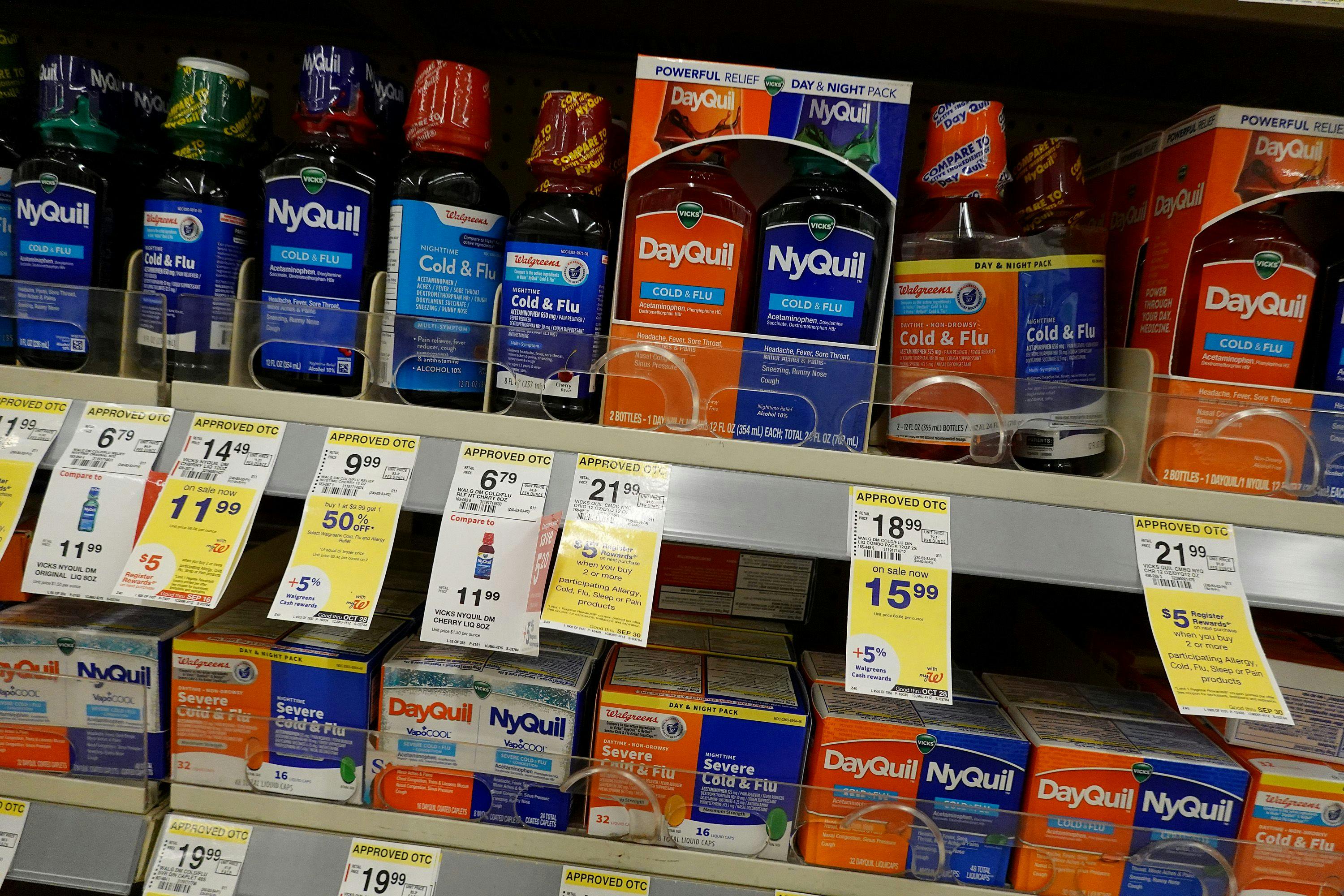 A drugstore shelf filled with products that contain phenylephrine.